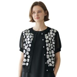 Michael Simon Womens Black Cardigan Sweater Sequin Cheetah Spots Sheer Sleeves M